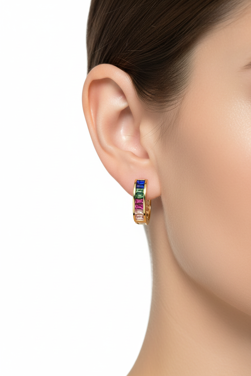 Rainbow Baguette Huggie Hoop Earrings - Longer Lifestyle