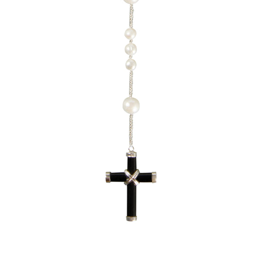 Multi-pattern Single Strand Pearl Necklace with Cross Pendant