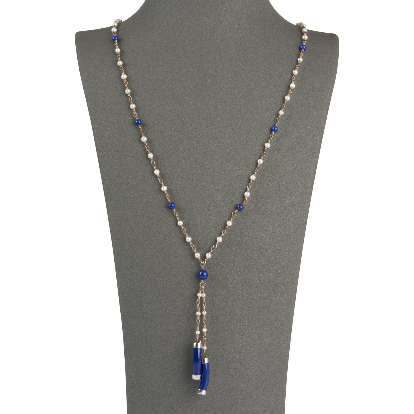 Long Key Chain Pearl Necklace with Lapis Lazuili Accents