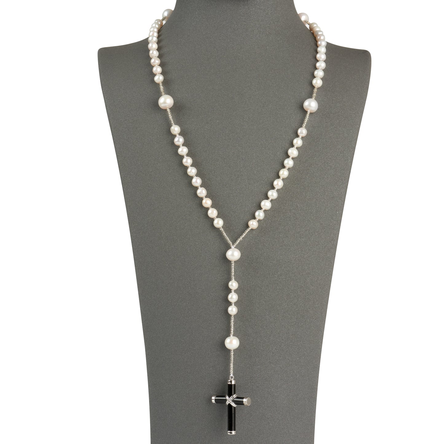 Multi-pattern Single Strand Pearl Necklace with Cross Pendant