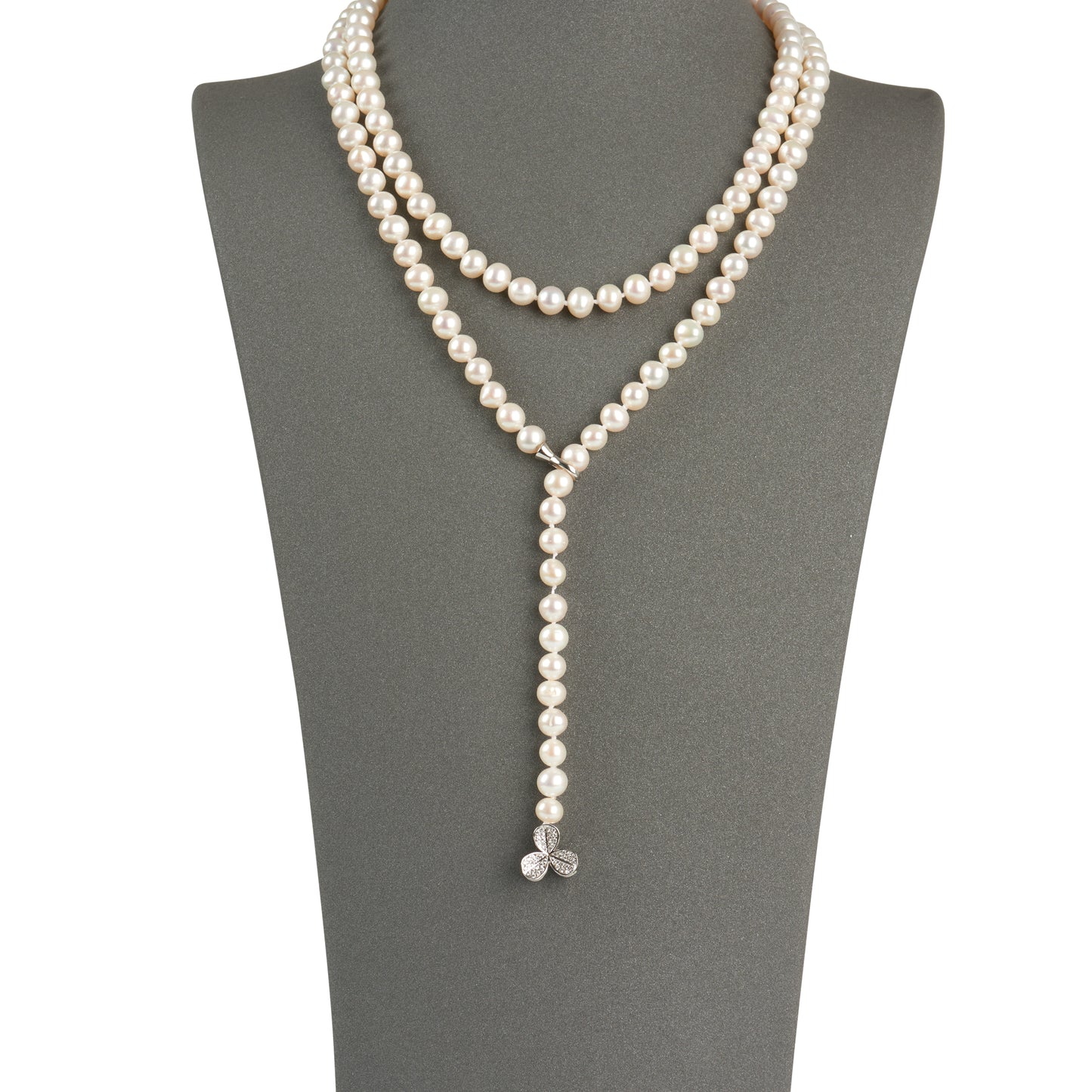 Adjustable Pearl Necklace with Clover Accent