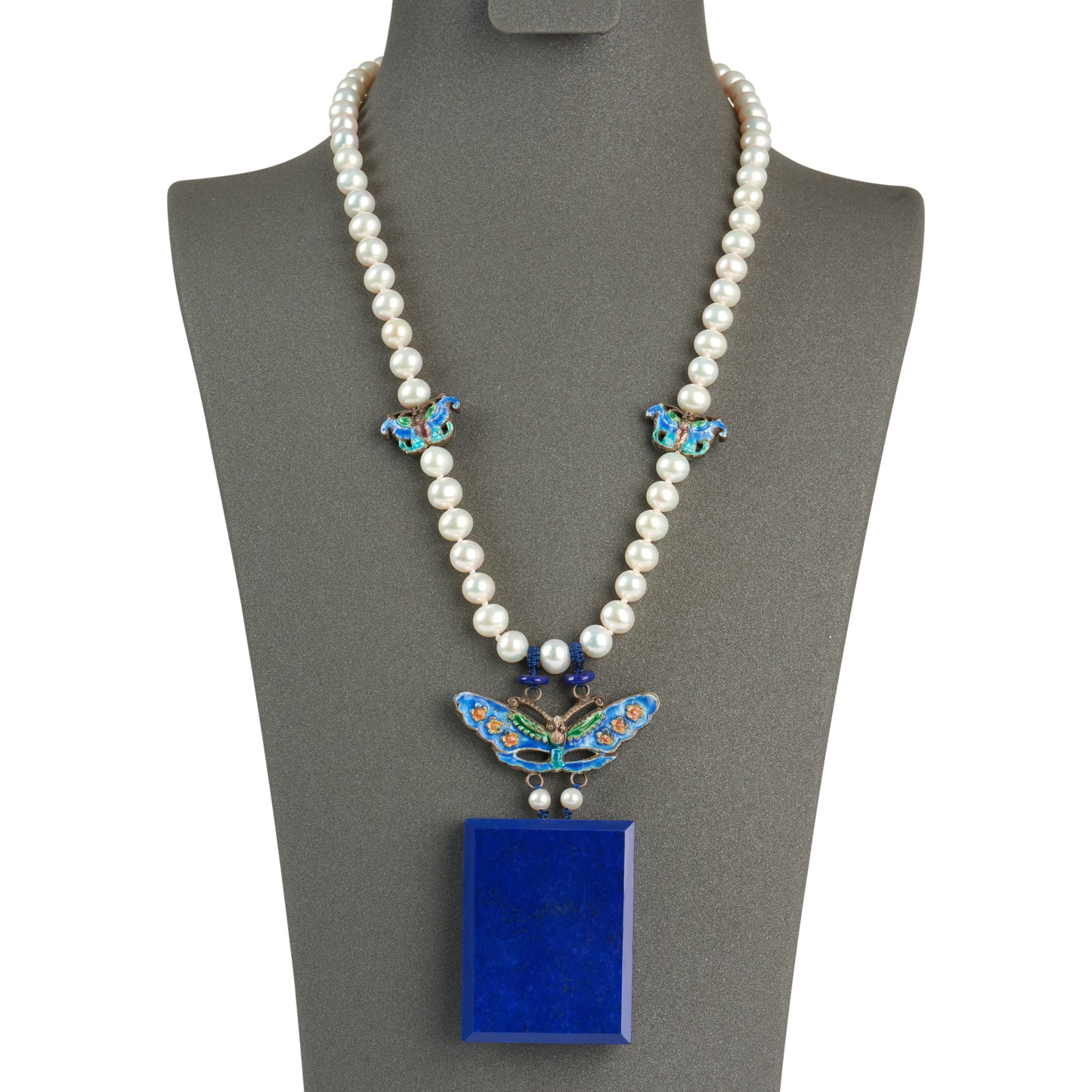 Enameld Butterfly and Lapis Lazuli Pendant Necklace