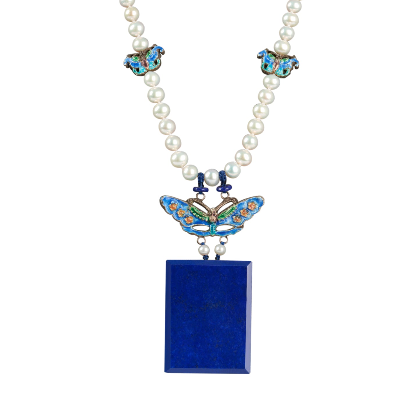 Enameld Butterfly and Lapis Lazuli Pendant Necklace