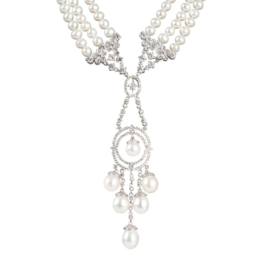 Three Strand Tassel Pendant Ornate Pearl Necklace