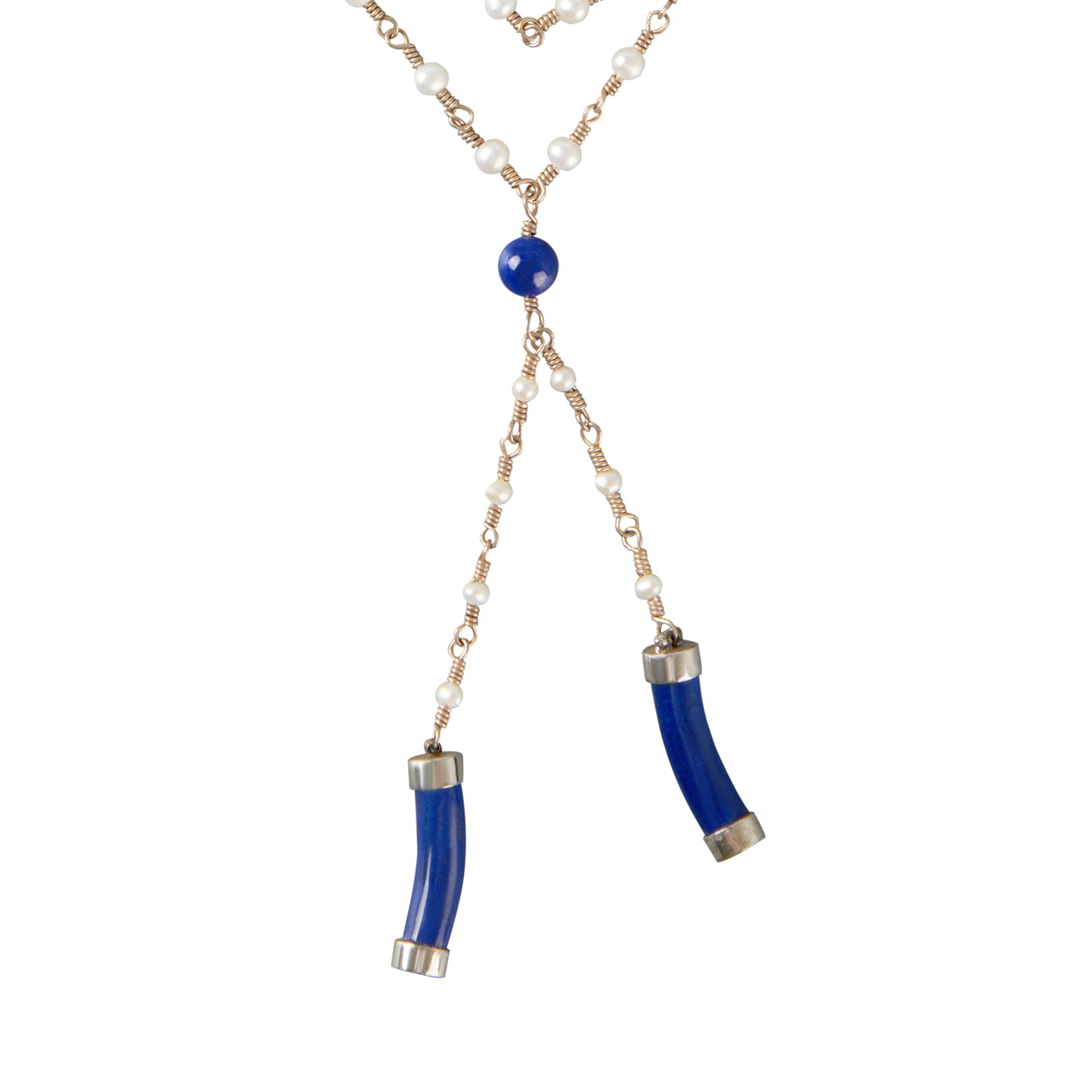 Long Key Chain Pearl Necklace with Lapis Lazuili Accents