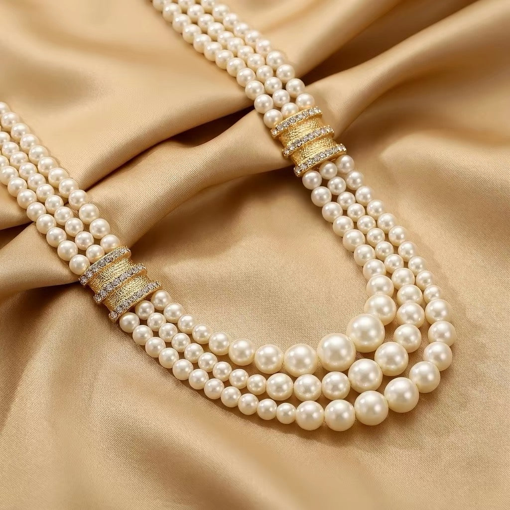 3-Strand Graduated Pearl Necklace with Gold Crystal Connectors