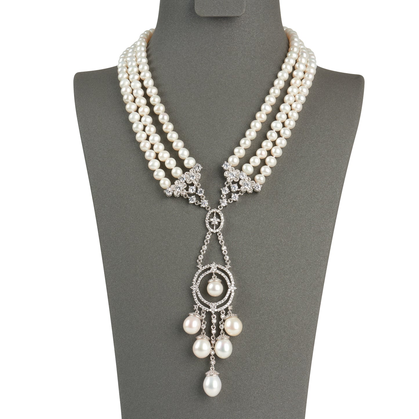 Three Strand Tassel Pendant Ornate Pearl Necklace