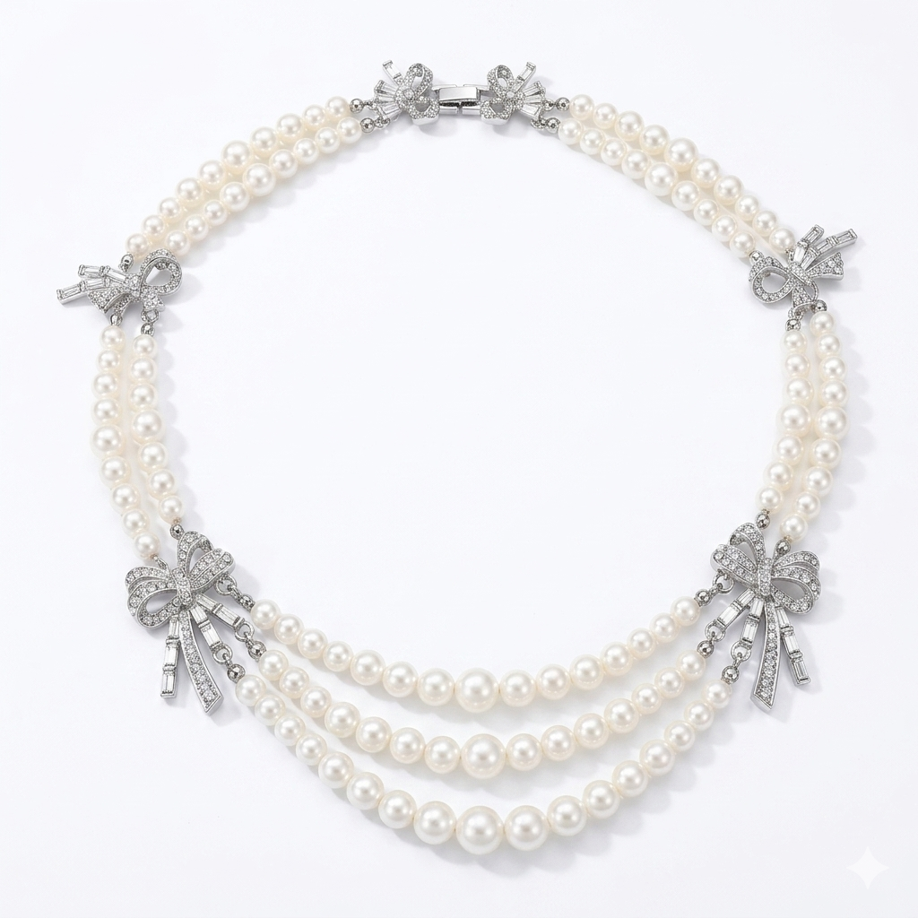 Crystal Bow Multi-Strand Pearl Necklace