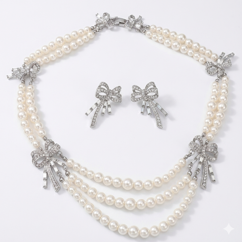 Crystal Bow Multi-Strand Pearl Necklace