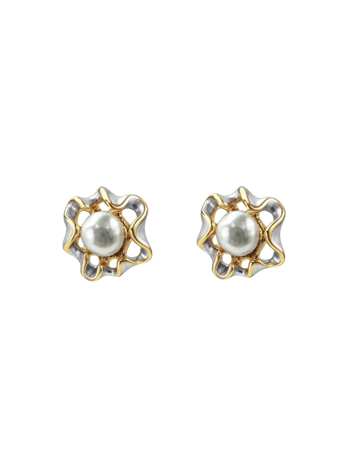 Gold Pearl Center Flower Stud Earrings