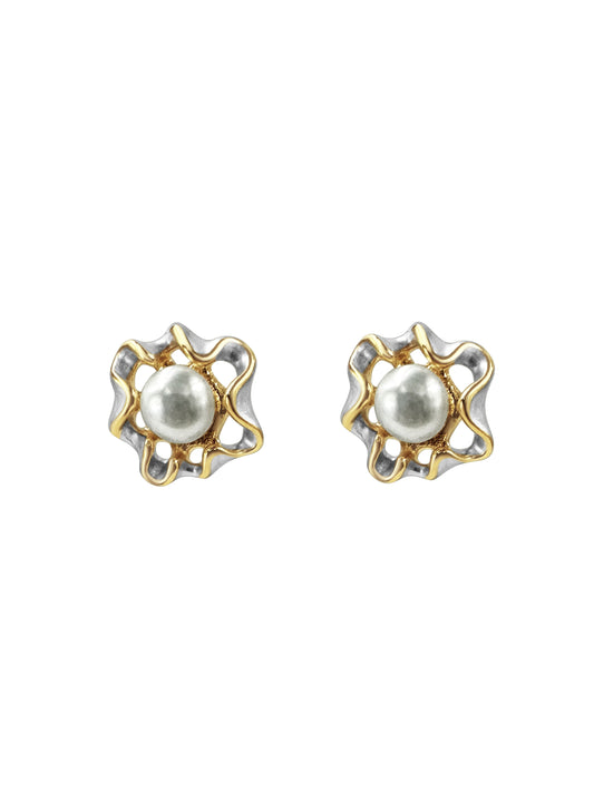 Gold Pearl Center Flower Stud Earrings
