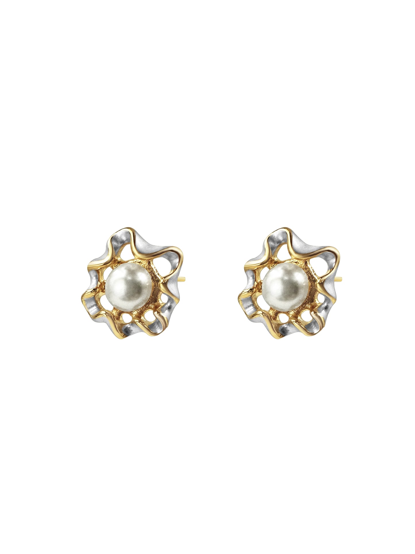 Gold Pearl Center Flower Stud Earrings