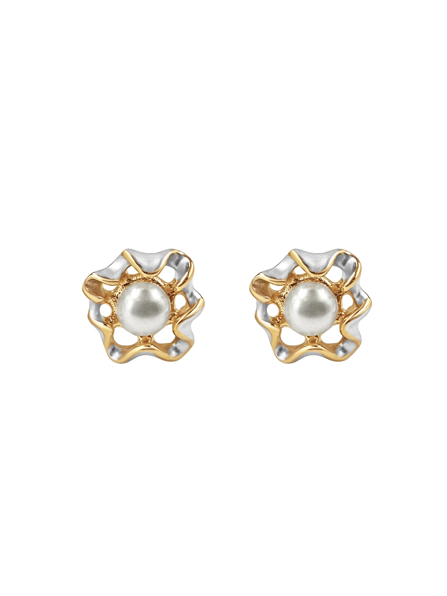 Gold Pearl Center Flower Stud Earrings