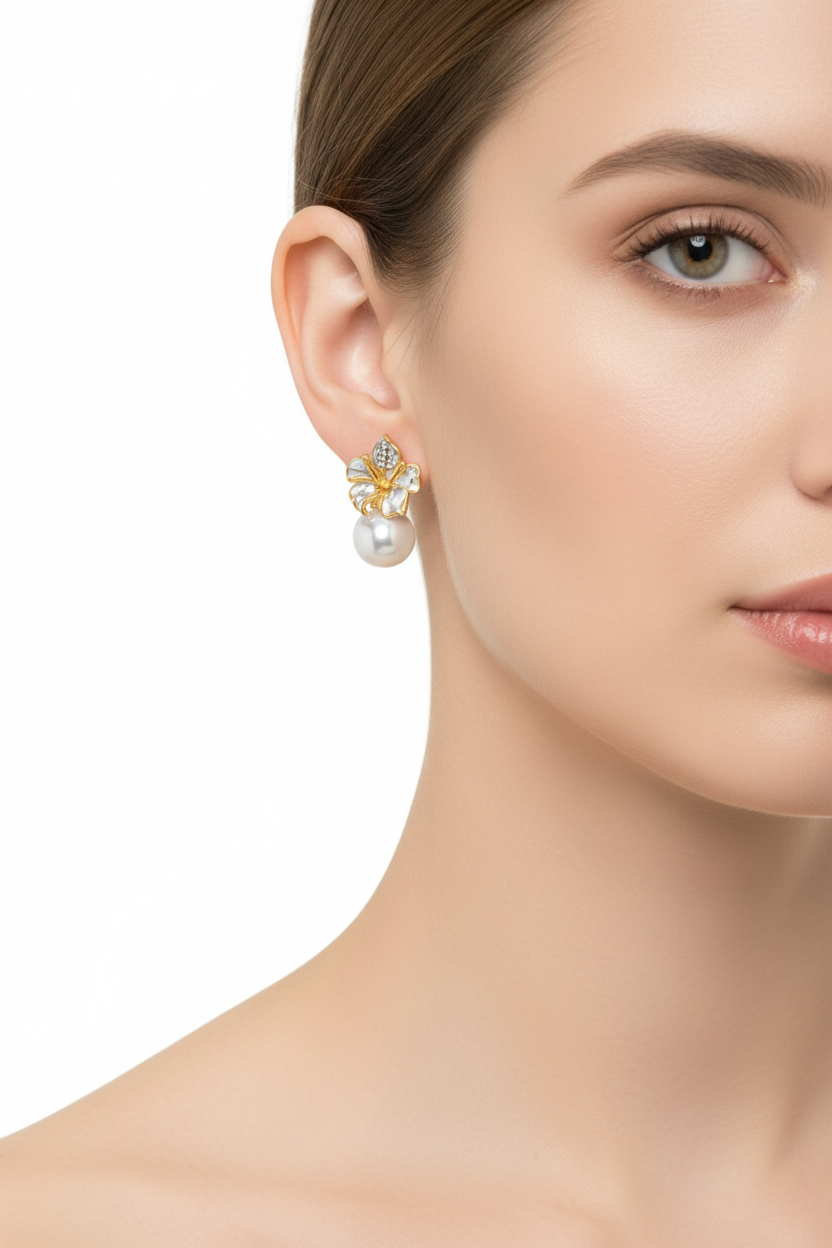Hibiscus Pearl Drop Earrings - model wearing earrings
