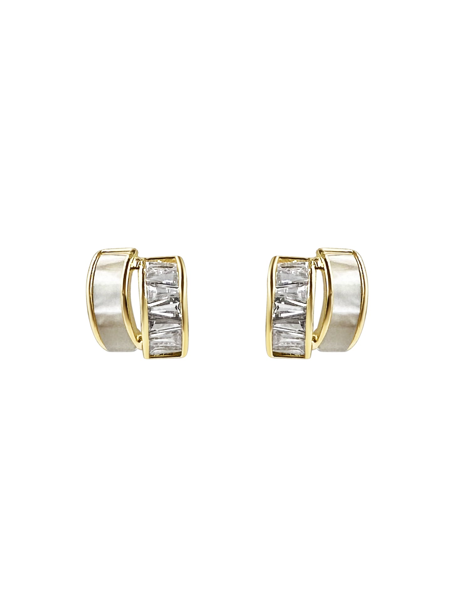 Gold Baguette Crystal Mother of Pearl Huggie Earrings