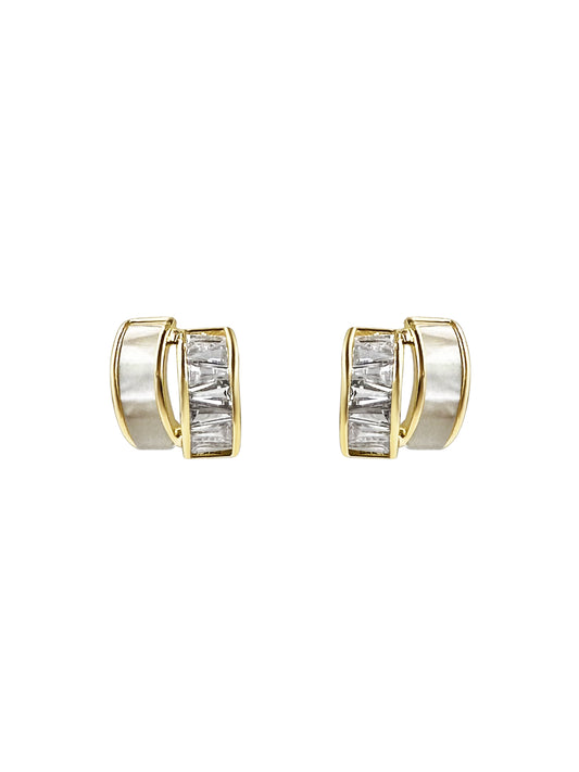 Gold Baguette Crystal Mother of Pearl Huggie Earrings