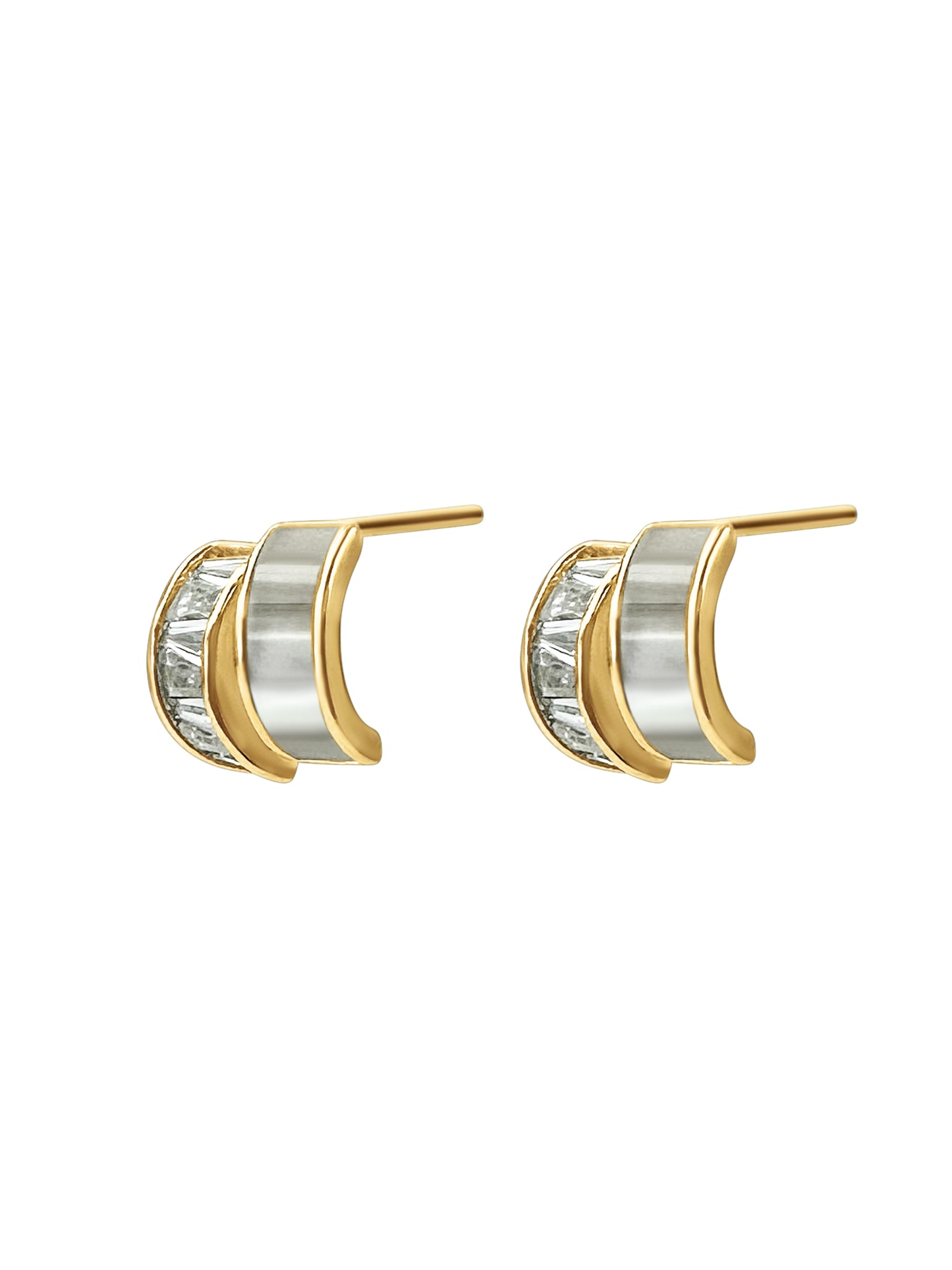 Gold Baguette Crystal Mother of Pearl Huggie Earrings