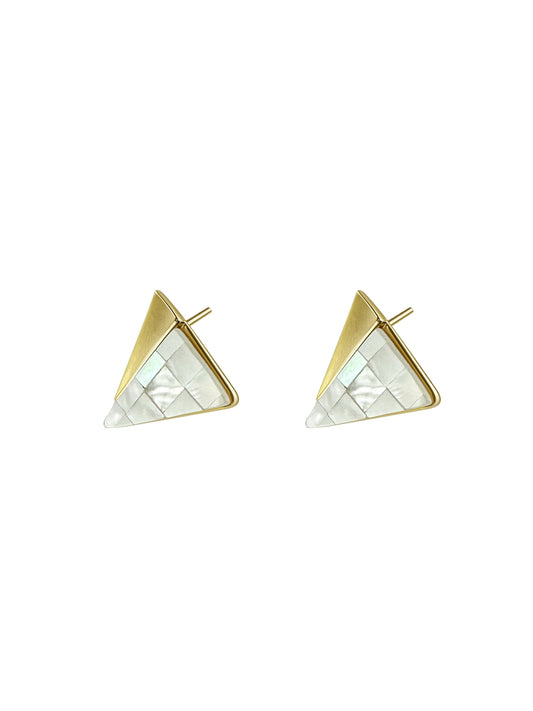 Gold triangle-shaped earrings with a white center on a white background