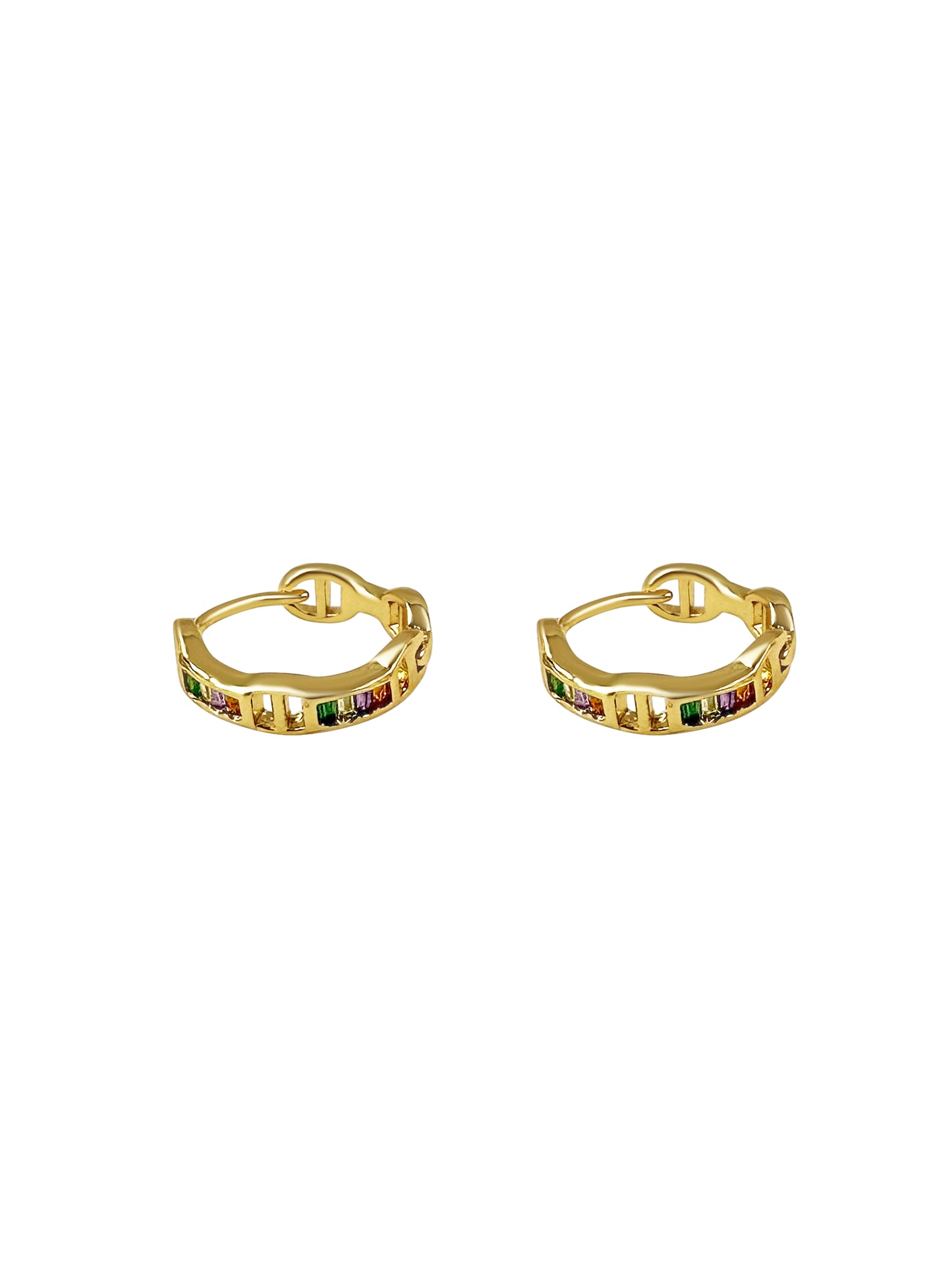 Gold hoop earrings with colorful gemstones on a white background