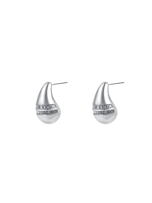 Silver Teardrop Baguette Crystal Stud Earrings
