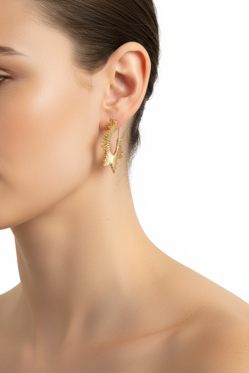Gold Sunburst Hoop Earrings - model wearing earrings