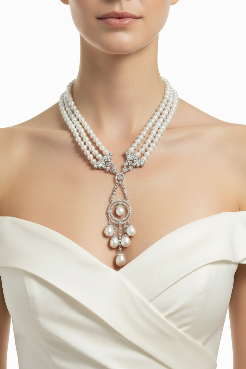 Celestial Pearl Chandelier Necklace - Neck & Chest Close-Up