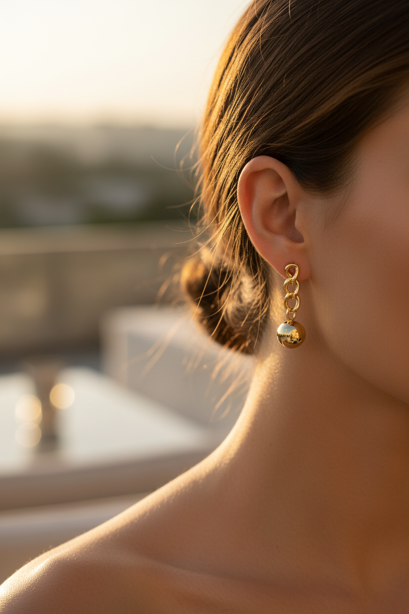 Chain Link Ball Drop Earrings - Model Shot