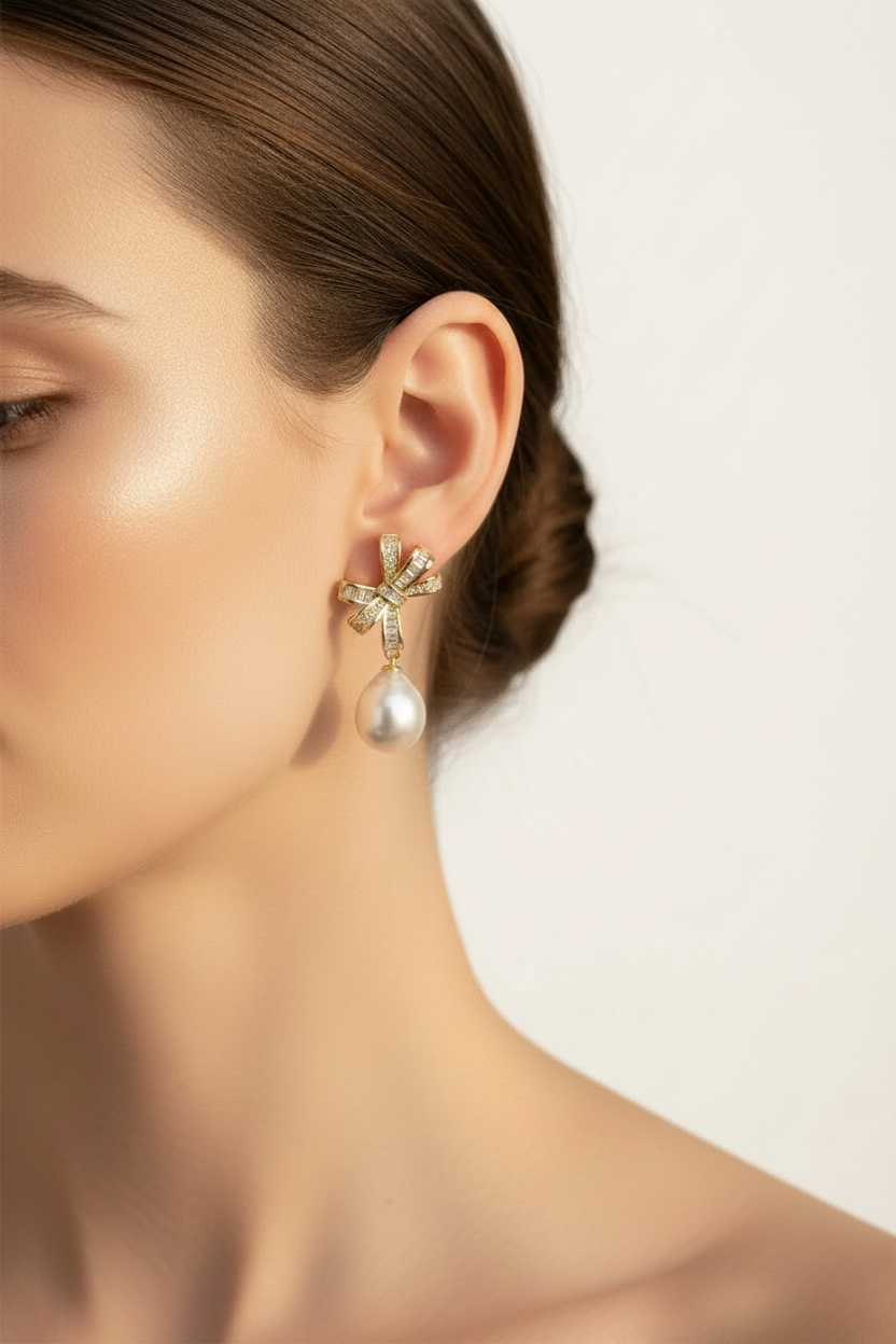 Crystal Bow Pearl Drop Earrings - Model Shot White Background