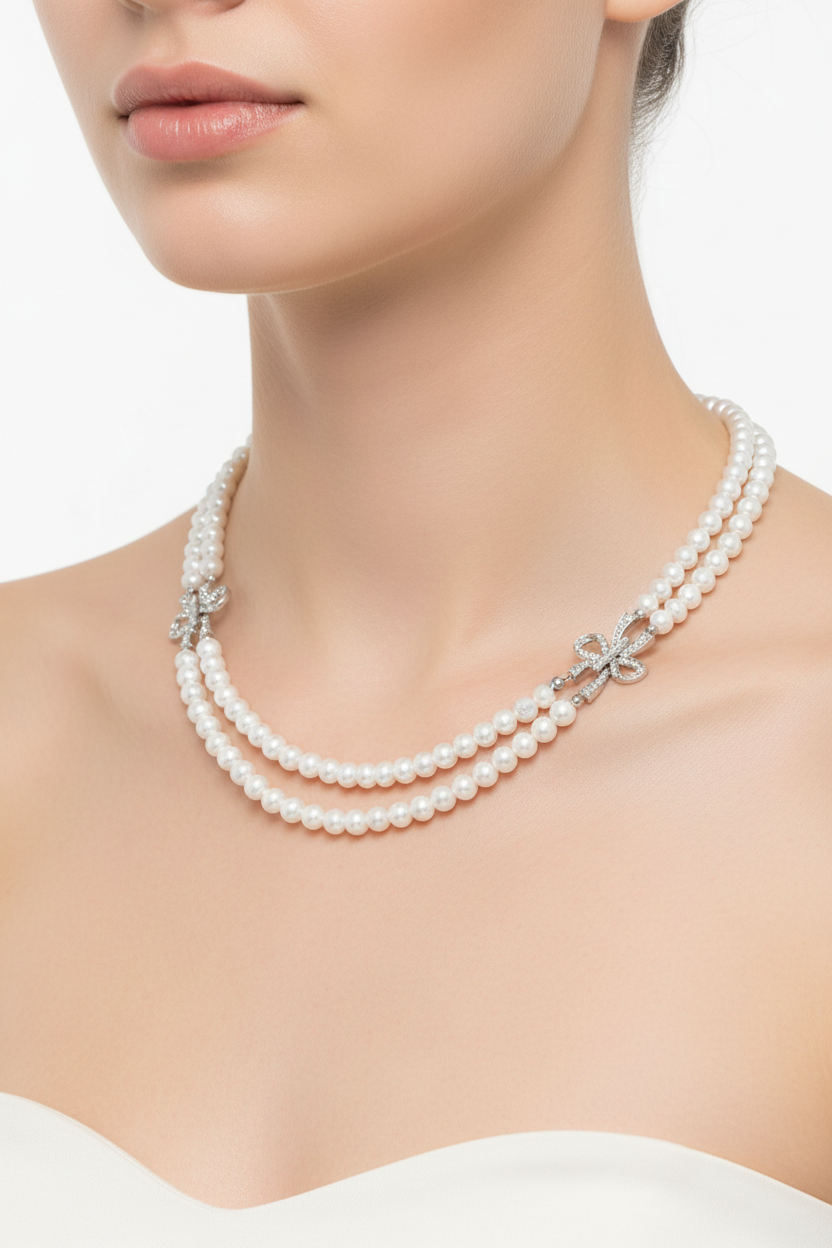Double Strand Pearl Necklace - Model Shot