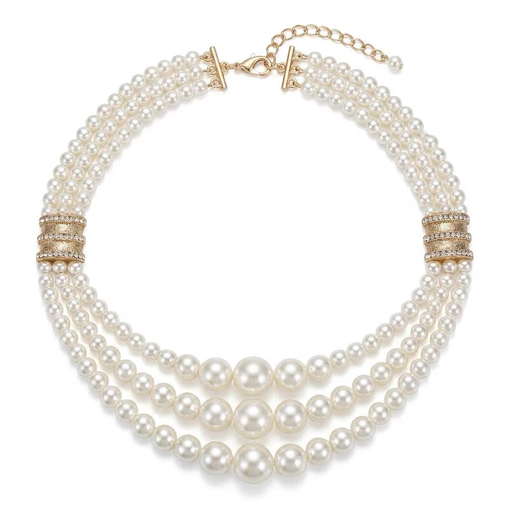 3-Strand Graduated Pearl Necklace with Gold Crystal Connectors