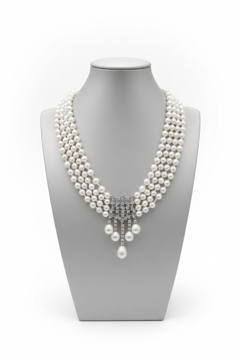 Four-Strand Pearl Necklace with Crystal Pendant