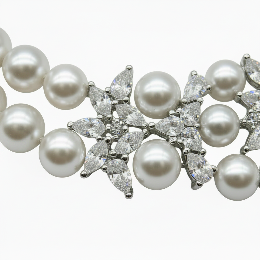 Triple Strand White Pearl Necklace with Crystal Flower Connectors