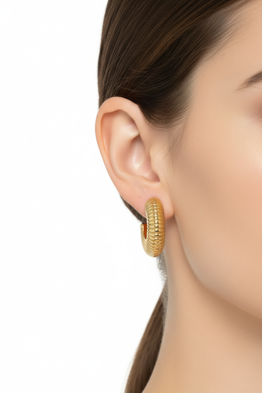 Gold Chunky Ribbed C-Hoop Earrings - Model Shot