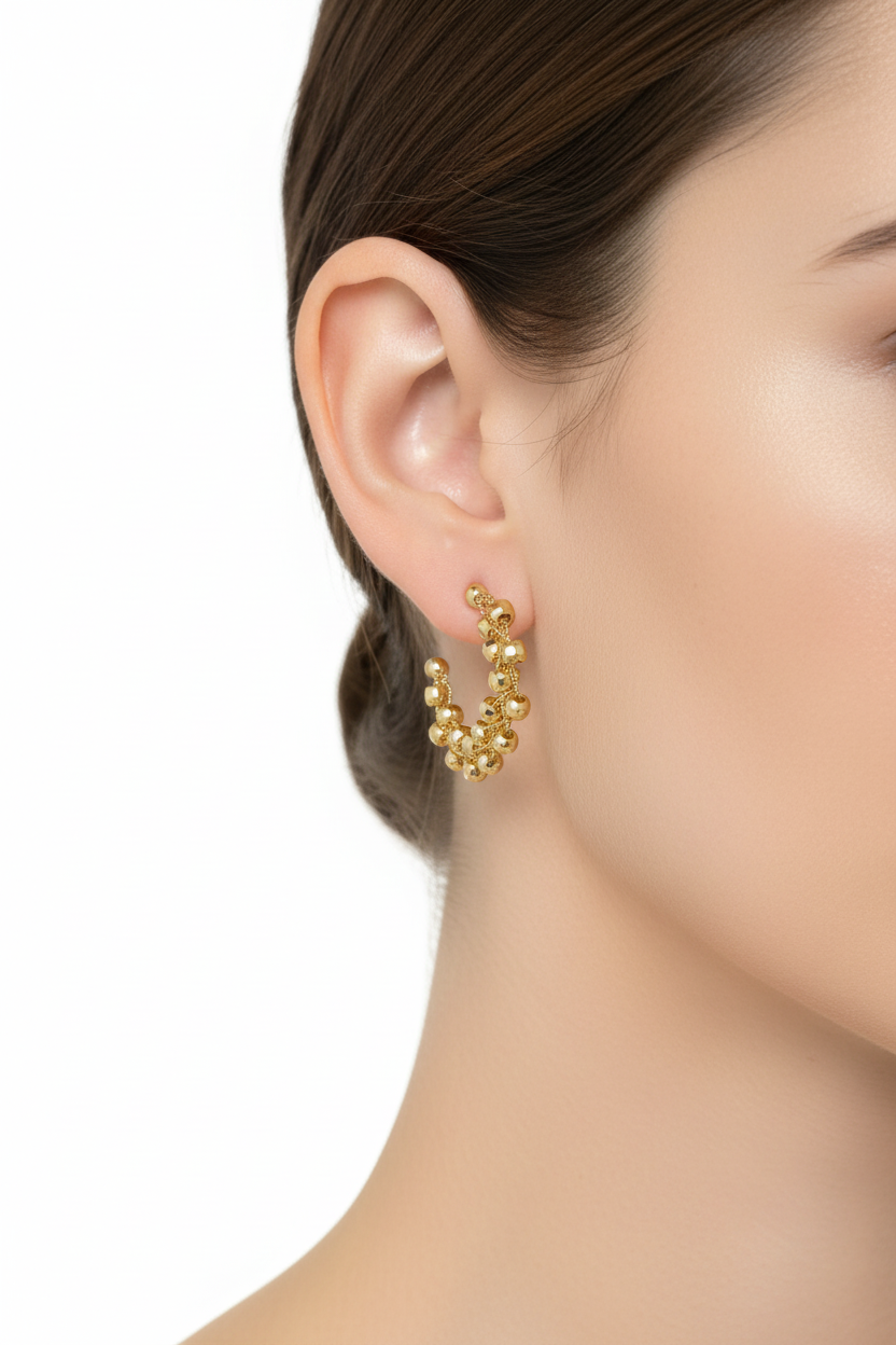 Gold Disco Bead Hoop Earrings - Model Shot
