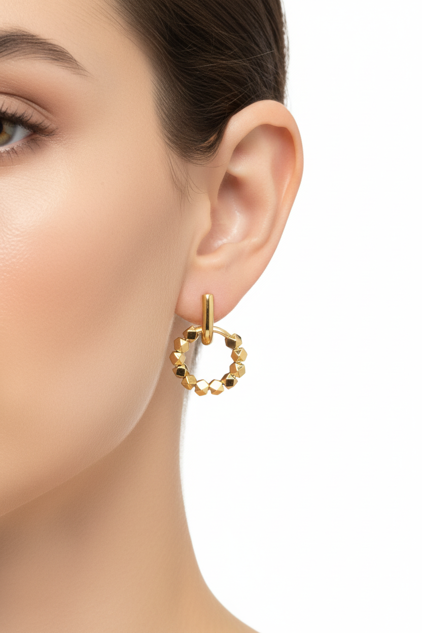 Gold Faceted Bead Circle Drop Earrings - Model Shot