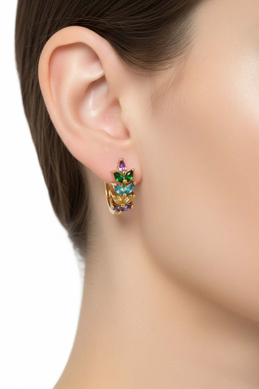 Gold Gemstone Cluster Huggie Earrings - Multicolor Lifestyle