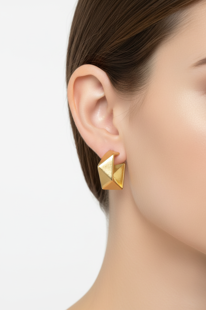 Gold Geometric Origami C-Hoop Earrings - Model Shot