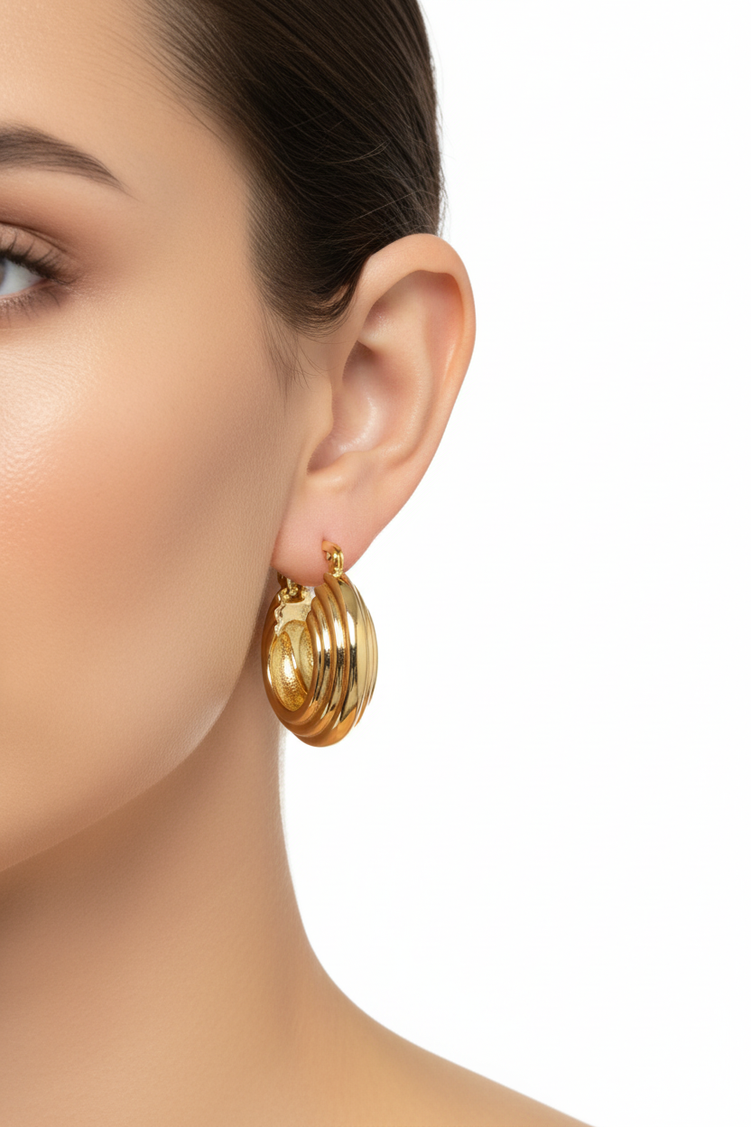 Gold Layered Ribbed Hoop Earrings - Model Shot
