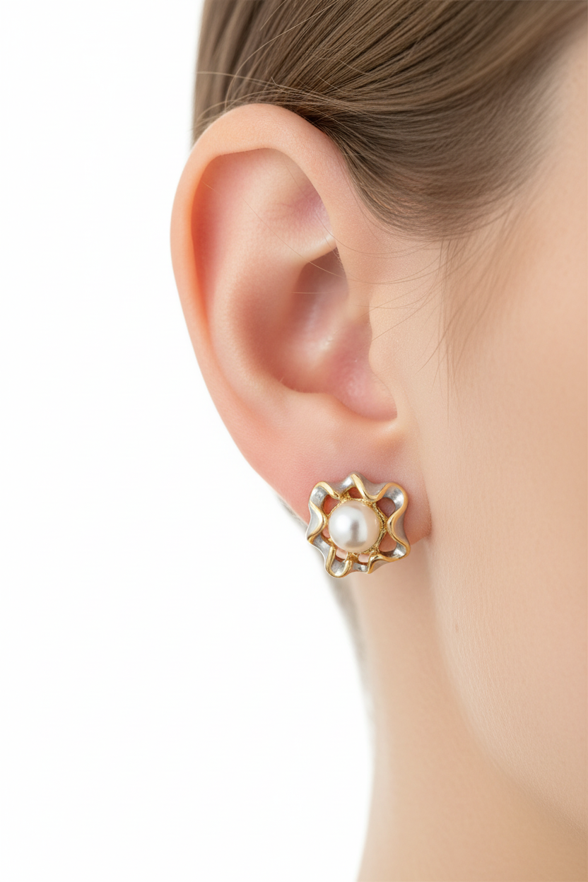 Gold Pearl Center Flower Stud Earrings - Ear Close-up