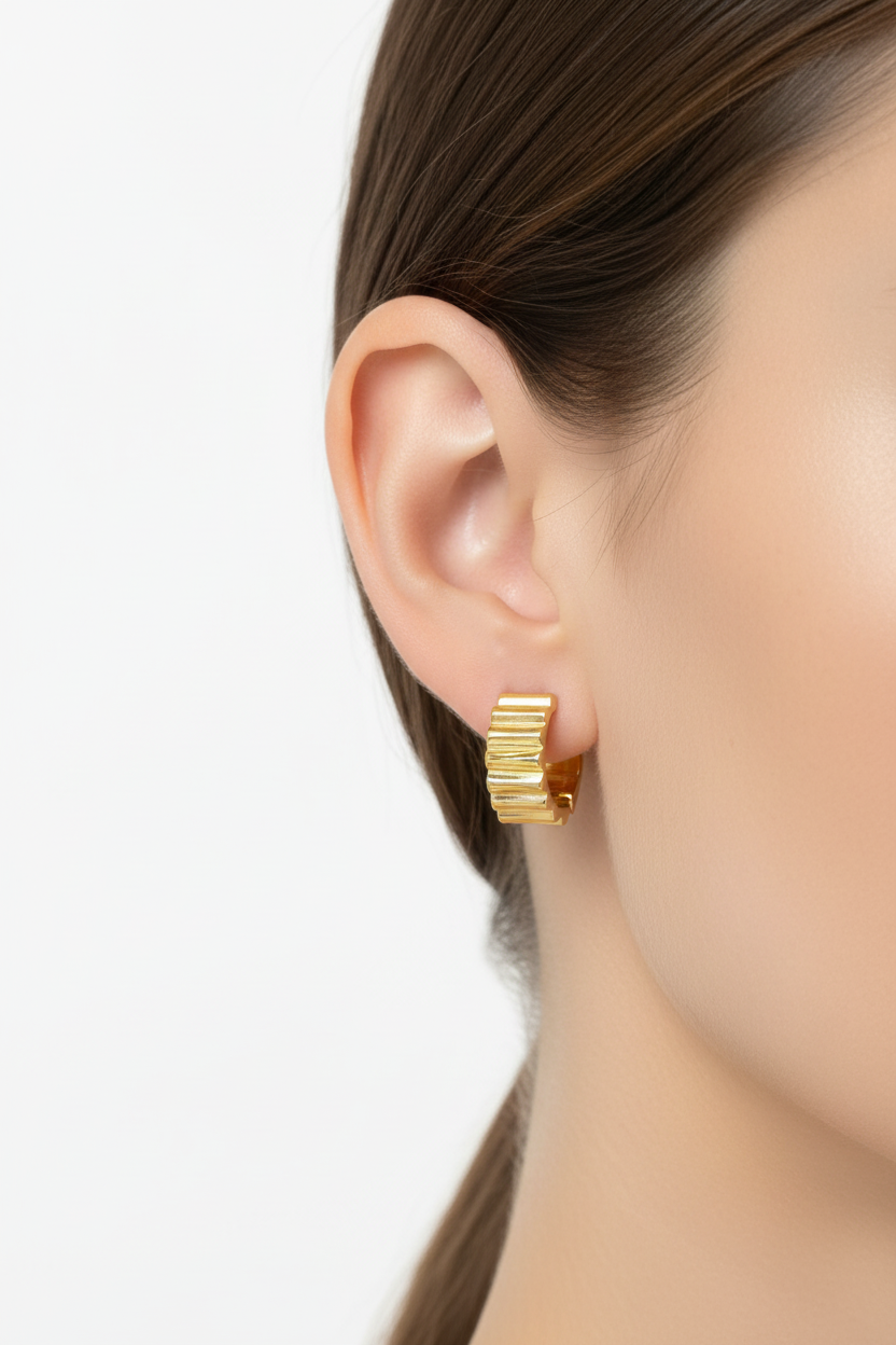 Gold Ribbed Huggie Hoop Earrings - Model Shot