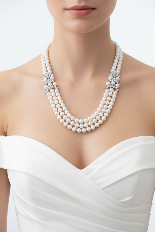 Triple Strand White Pearl Necklace with Crystal Flower Connectors