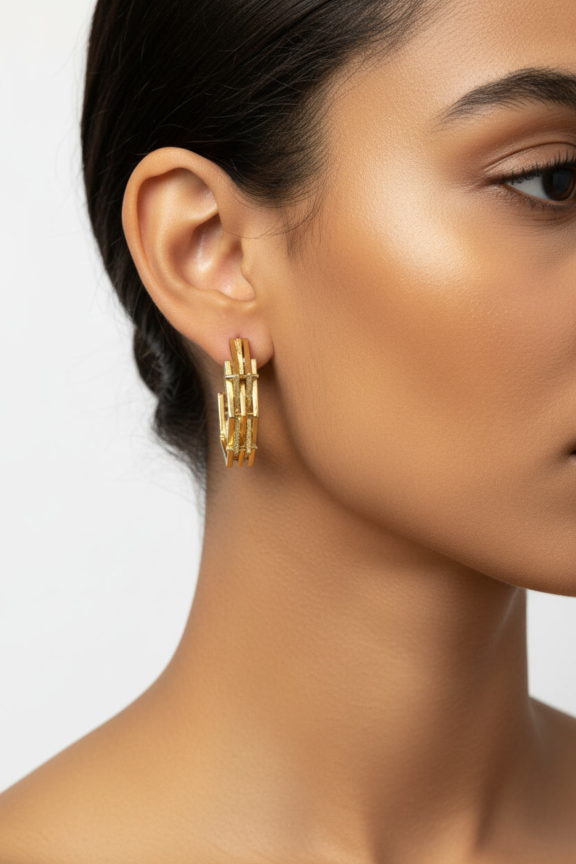 Model wearing gold geometric bar hoop earrings, close-up on ear and neck
