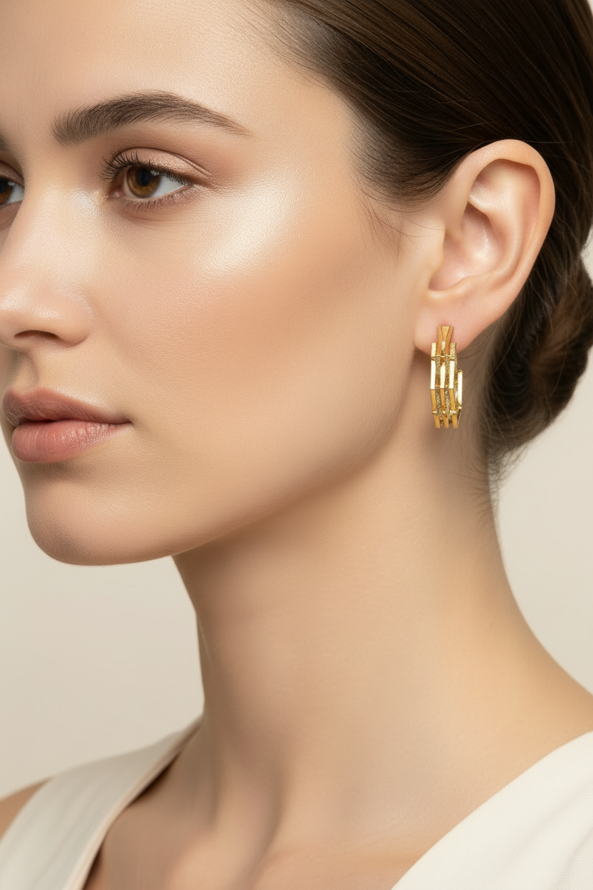 Gold Faceted Hexagon C-Hoop Earrings model side profile shot