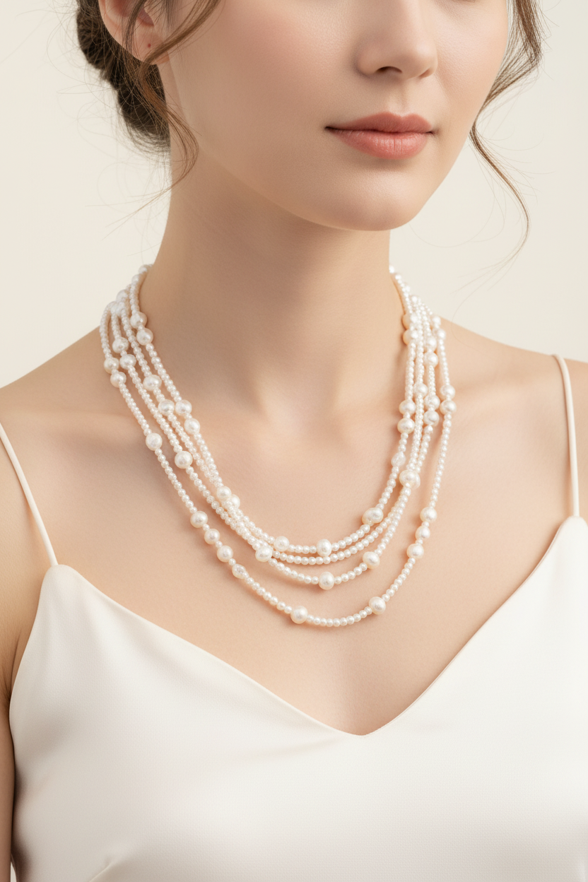 Single Strand Freshwater Pearl Necklace model editorial shot