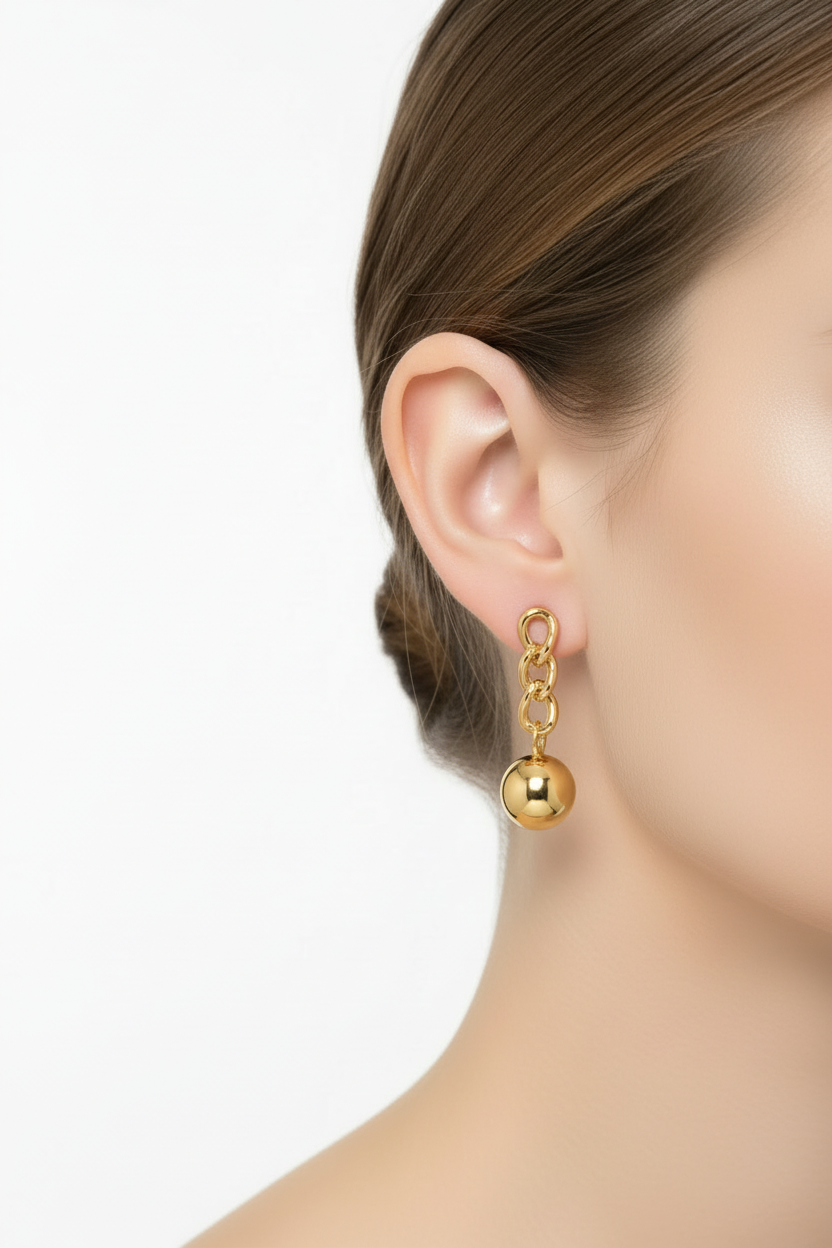 Chain Link Ball Drop Earrings - Gold - model wearing earrings