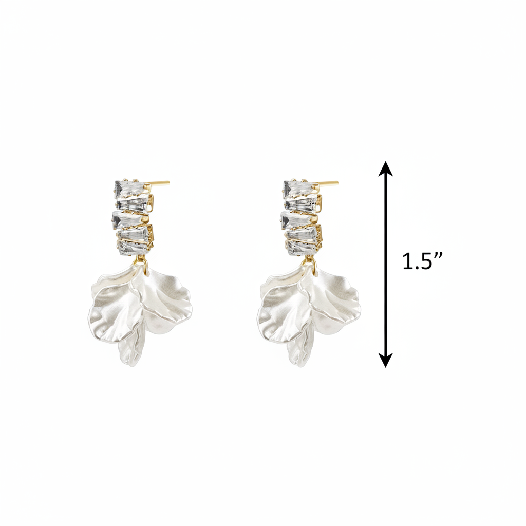 Crystal Baguette Pearl Petal Drop Earrings - length measurement 1.5 inches