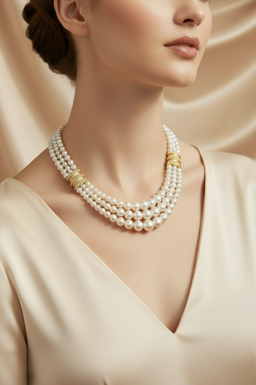Model Wearing 3-Strand Pearl Necklace Gold Tone