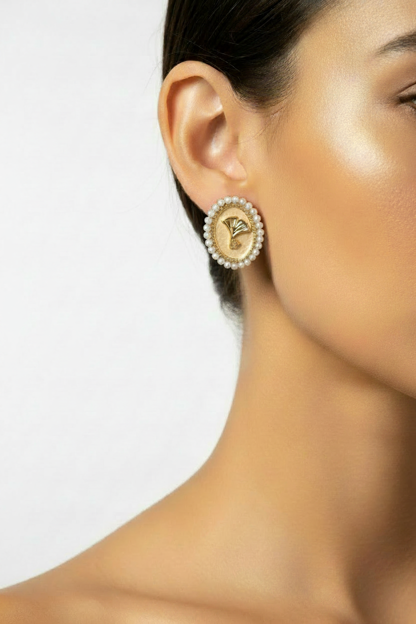 Pearl-Bordered Ginkgo Cameo Stud Earrings - Micro Size
