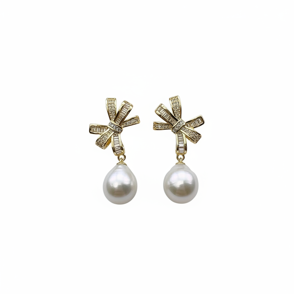 Pearl Bow Earrings on White Background