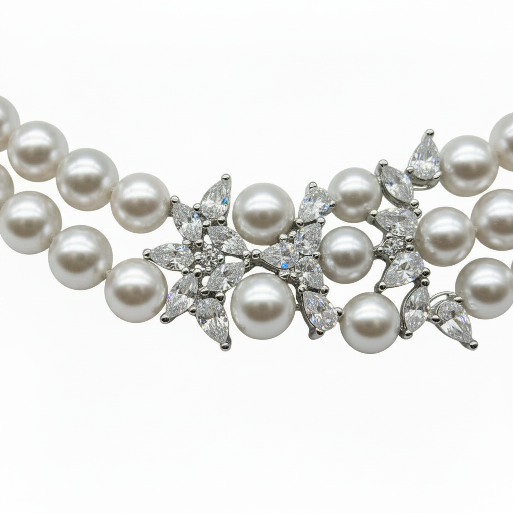 Triple Strand White Pearl Necklace with Crystal Flower Connectors